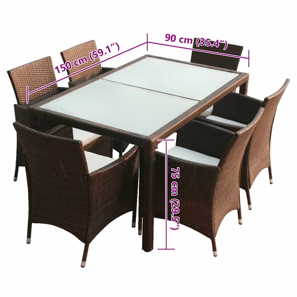 7-részes barna kültéri polyrattan étkezőszett párnákkal
