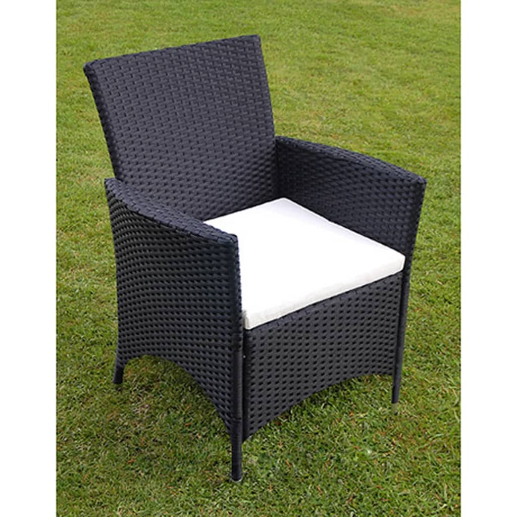 7-részes fekete polyrattan kültéri étkezőszett párnákkal