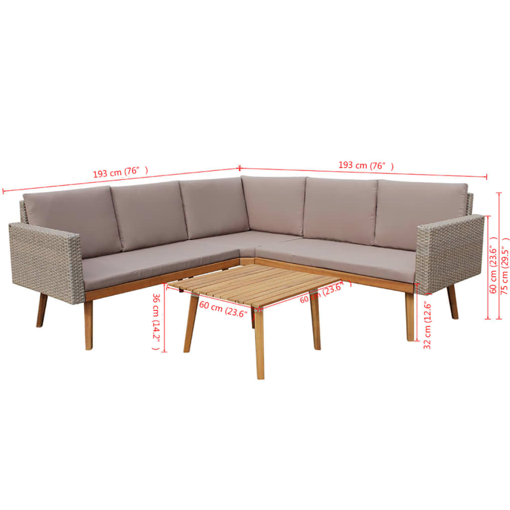 4-részes szürke polyrattan kerti bútorszett párnákkal