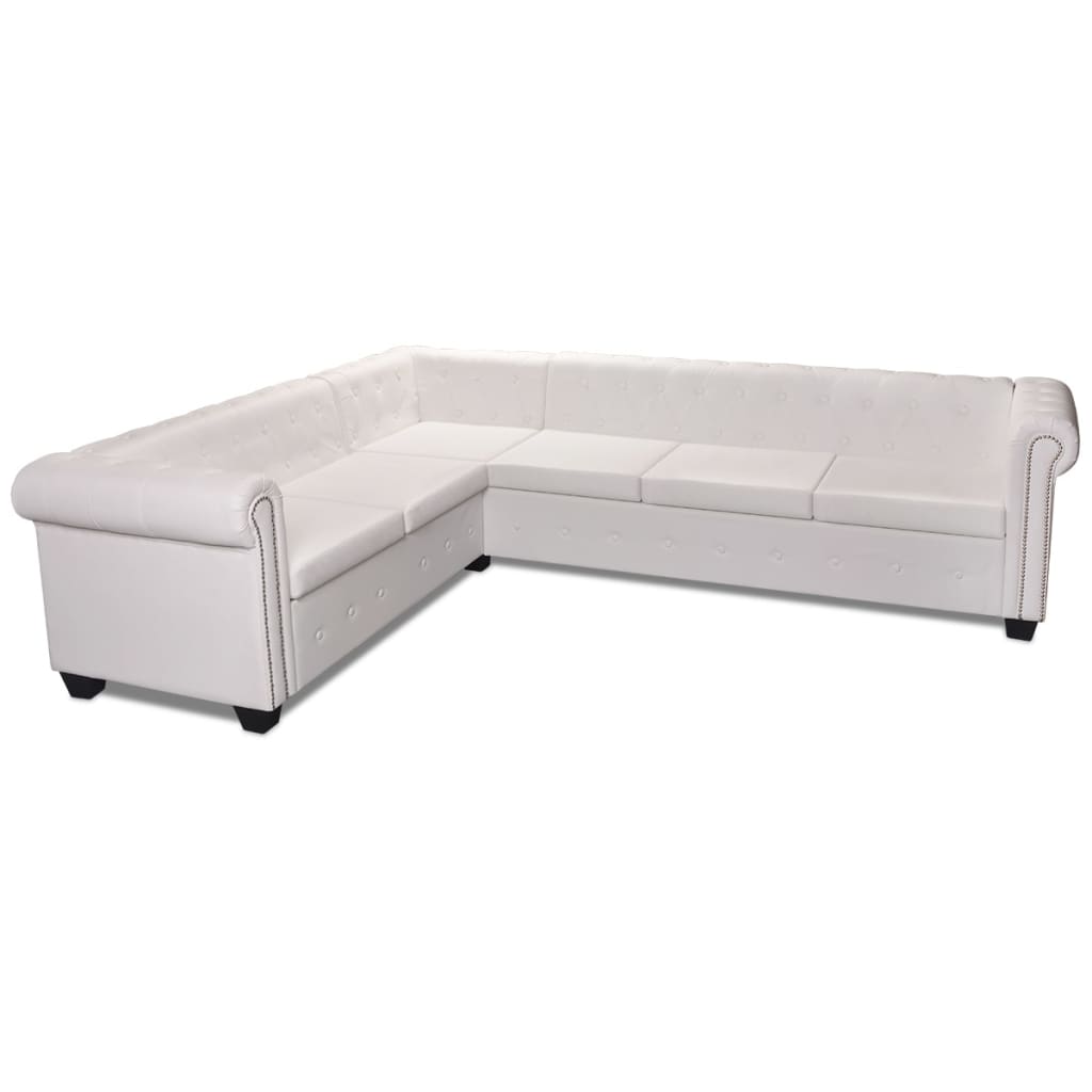 6 személyes fehér műbőr Chesterfield sarok kanapé