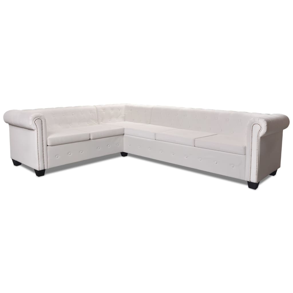 6 személyes fehér műbőr Chesterfield sarok kanapé