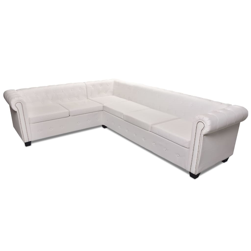 6 személyes fehér műbőr Chesterfield sarok kanapé