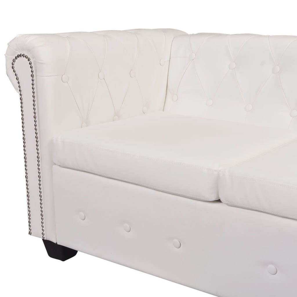 6 személyes fehér műbőr Chesterfield sarok kanapé