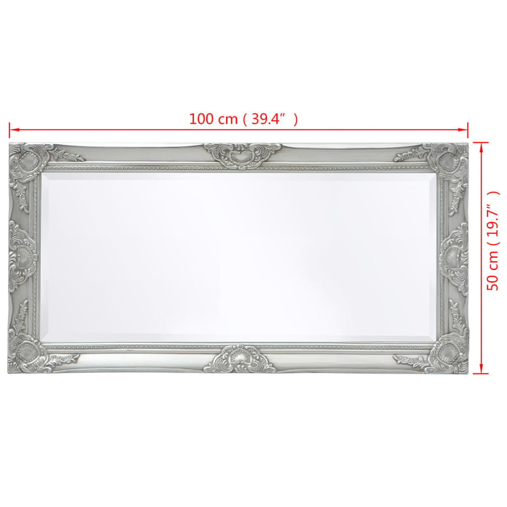 ezüstszínű barokk stílusú fali tükör 100 x 50 cm