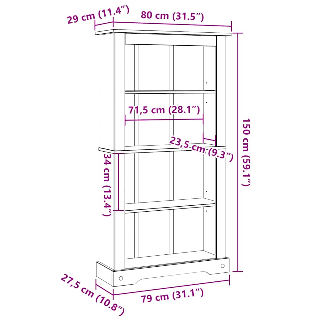 4 szintes Corona-stílusú mexikói fenyő könyvespolc 80x29x150 cm