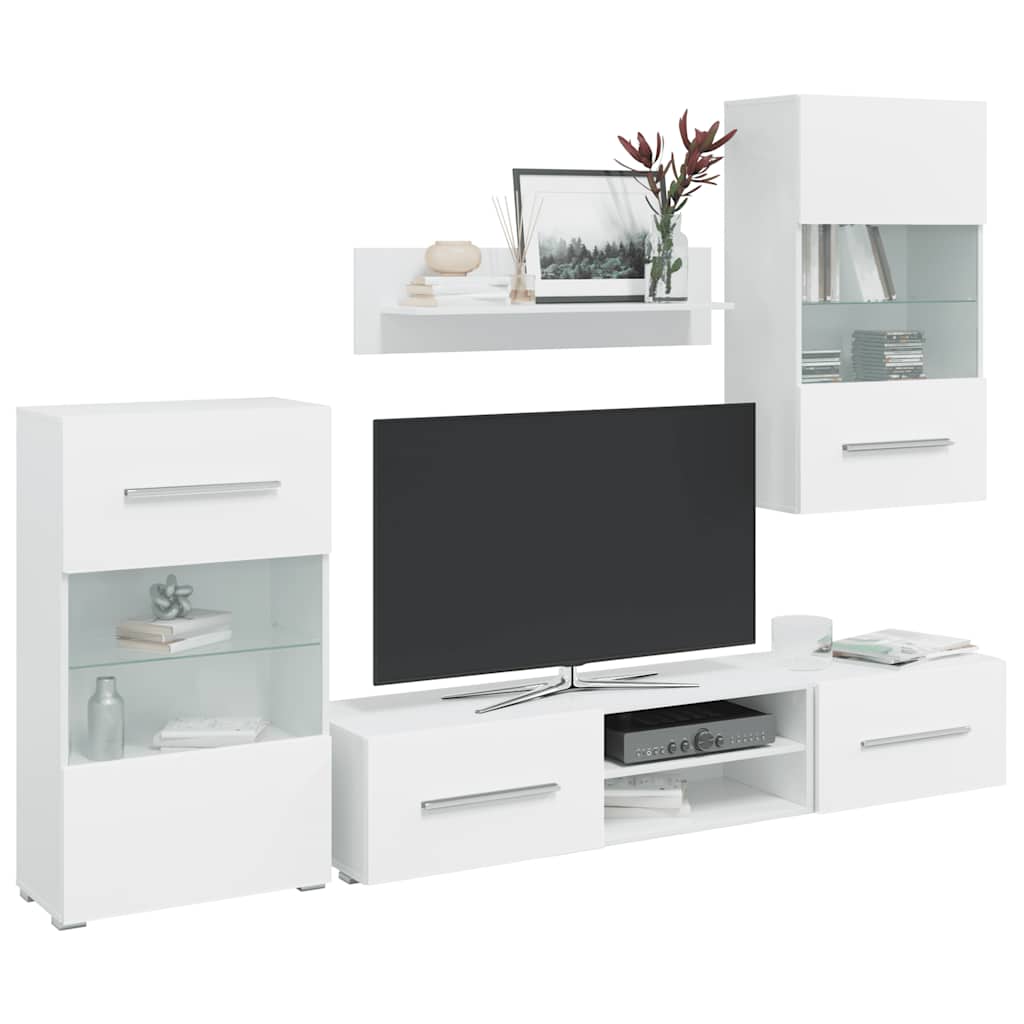 5 részes, fehér fali TV állvány szett LED világítással