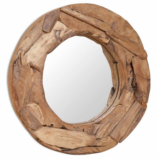 dekoratív és kerek tükör tíkfából 60 cm