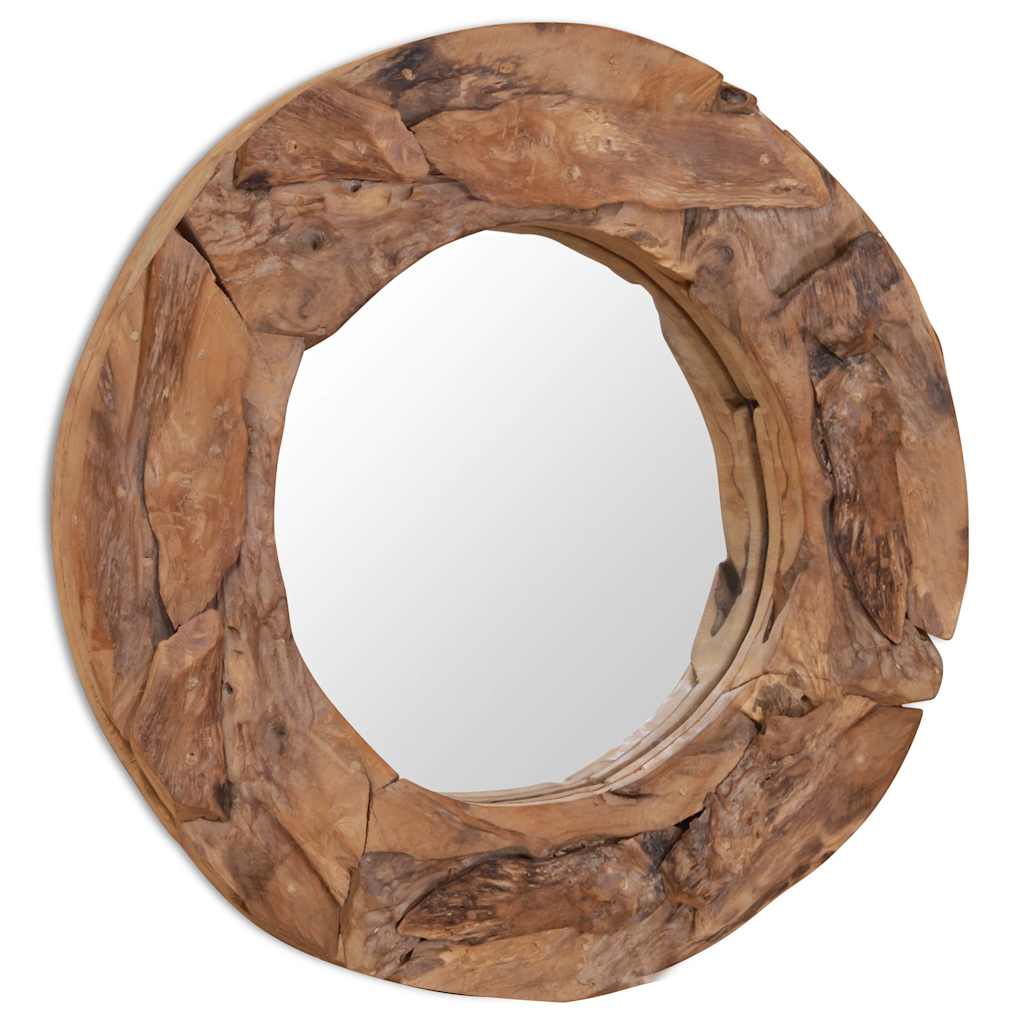 dekoratív és kerek tükör tíkfából 60 cm
