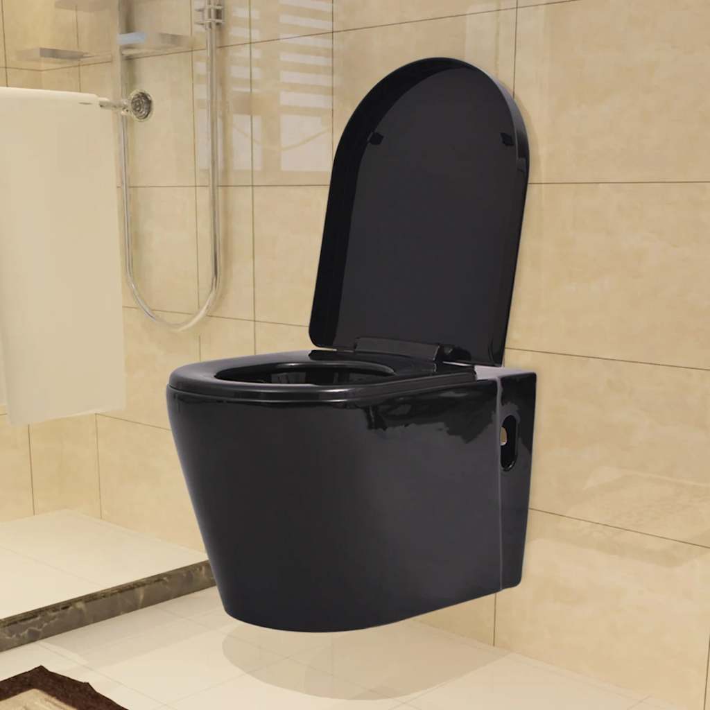 Falra szerelhető fekete kerámia WC rejtett öblítőtartállyal