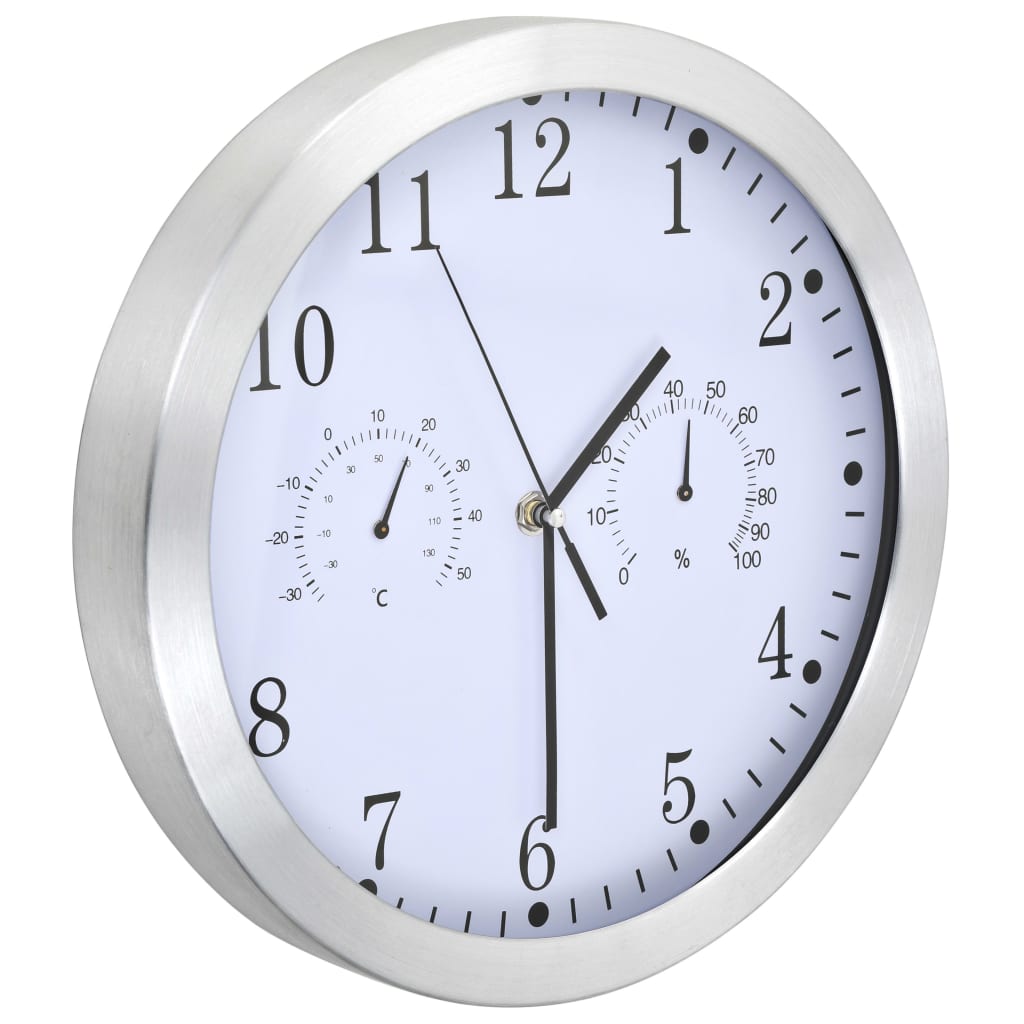 kvarcszerkezetes fehér falióra higrométerrel, hőmérővel, 30 cm