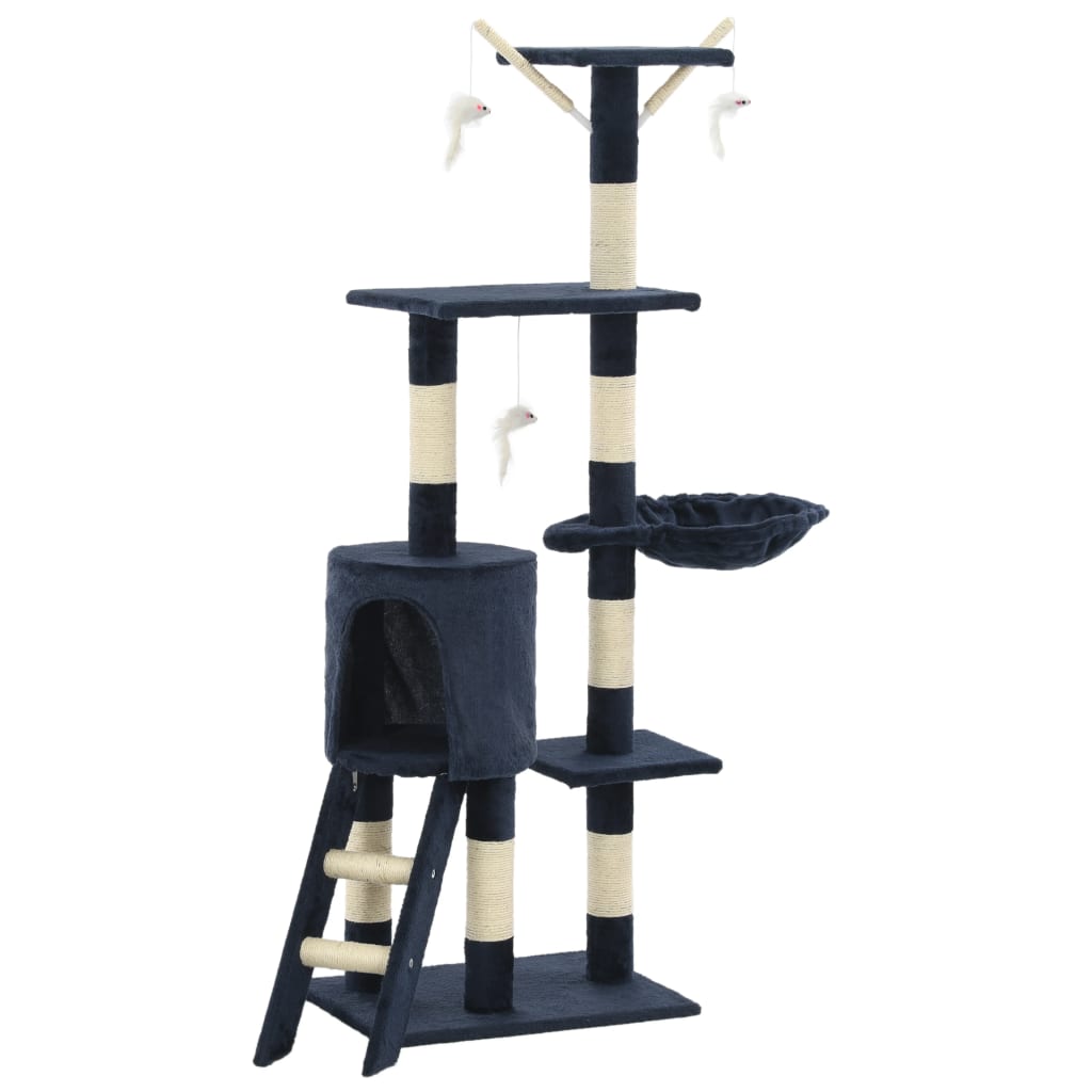 sötétkék macskabútor szizál kaparófákkal 138 cm