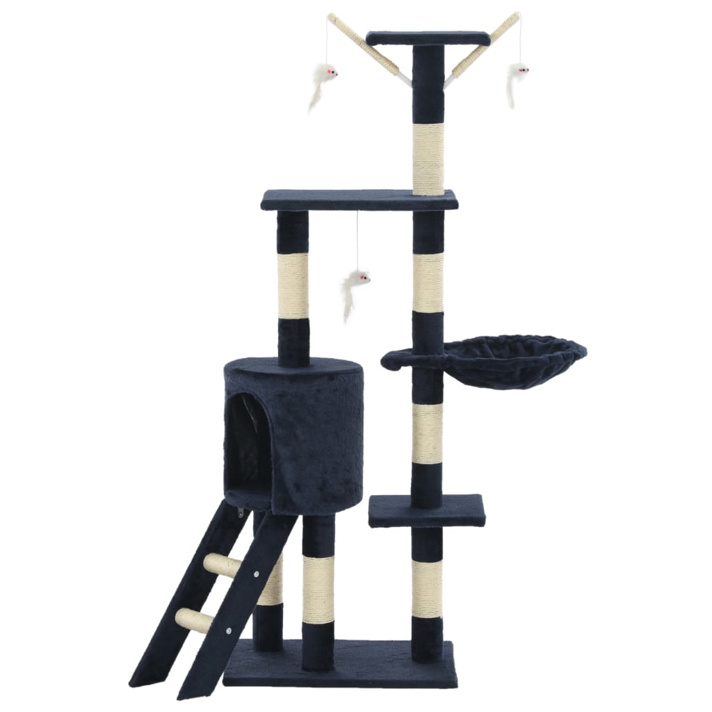 sötétkék macskabútor szizál kaparófákkal 138 cm