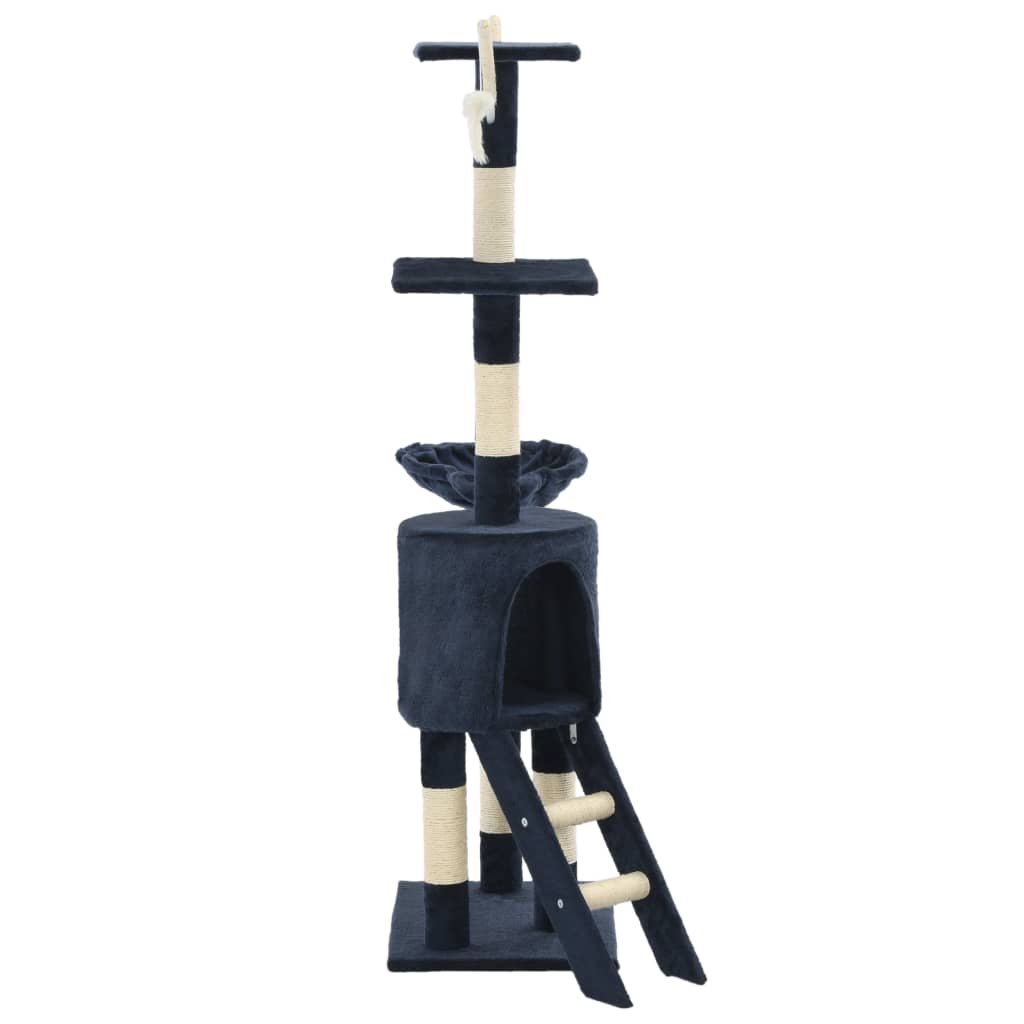 sötétkék macskabútor szizál kaparófákkal 138 cm