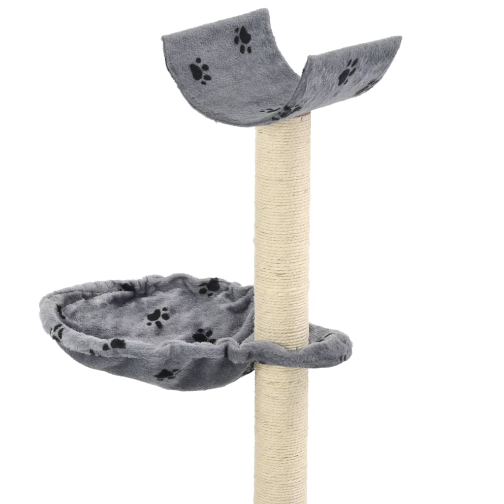 szürke macskabútor mancsnyomokkal és szizál kaparófákkal 105 cm