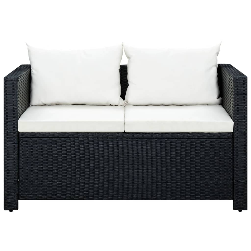 3-részes fekete polyrattan kerti bútorszett párnákkal