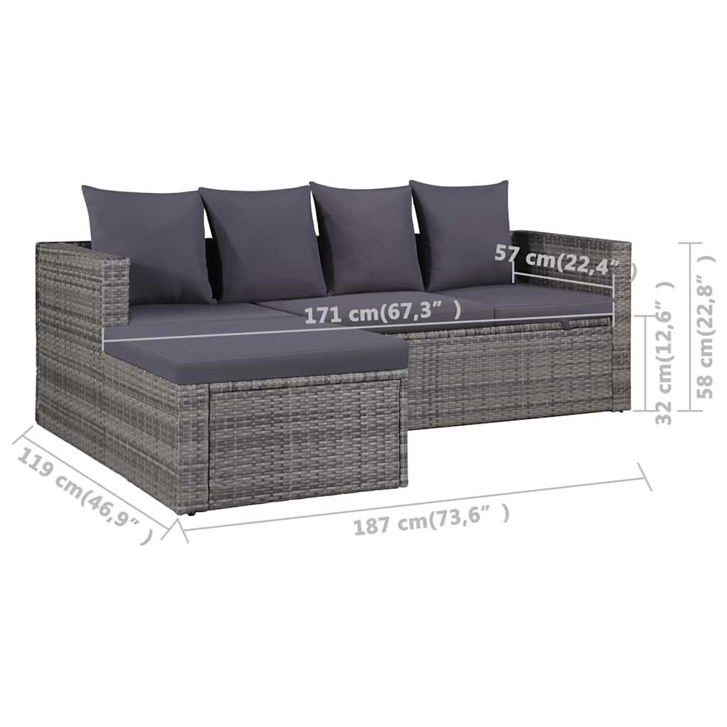 4-részes szürke polyrattan kerti bútorszett párnákkal