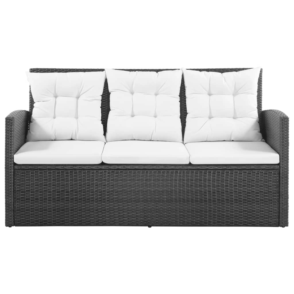 5-részes fekete polyrattan kerti bútorszett párnákkal