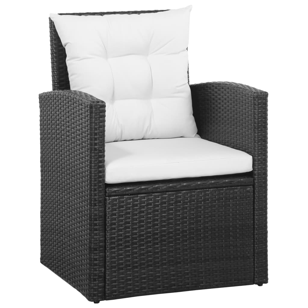5-részes fekete polyrattan kerti bútorszett párnákkal
