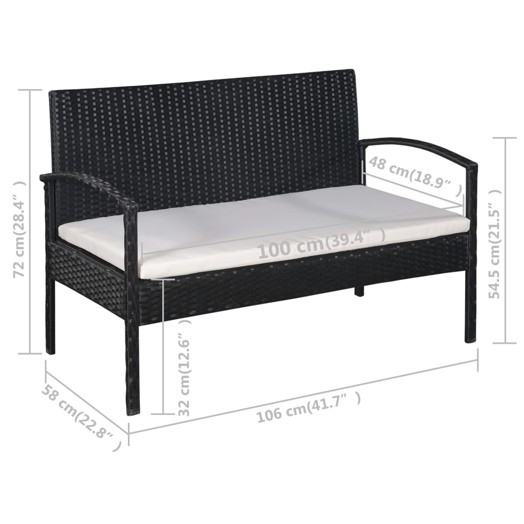 5-részes fekete polyrattan kerti bútorszett párnákkal