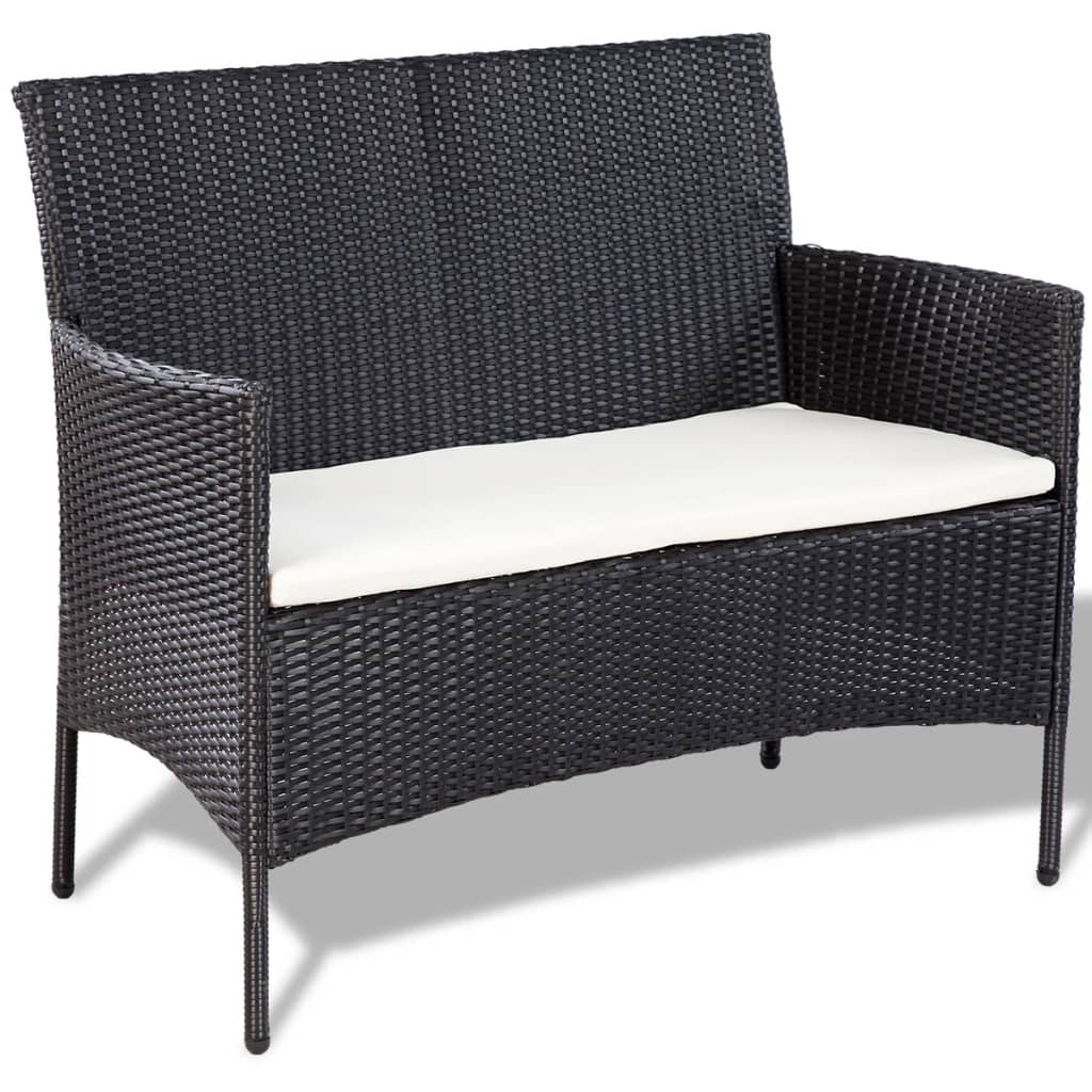 4-részes fekete polyrattan kerti bútorszett párnákkal