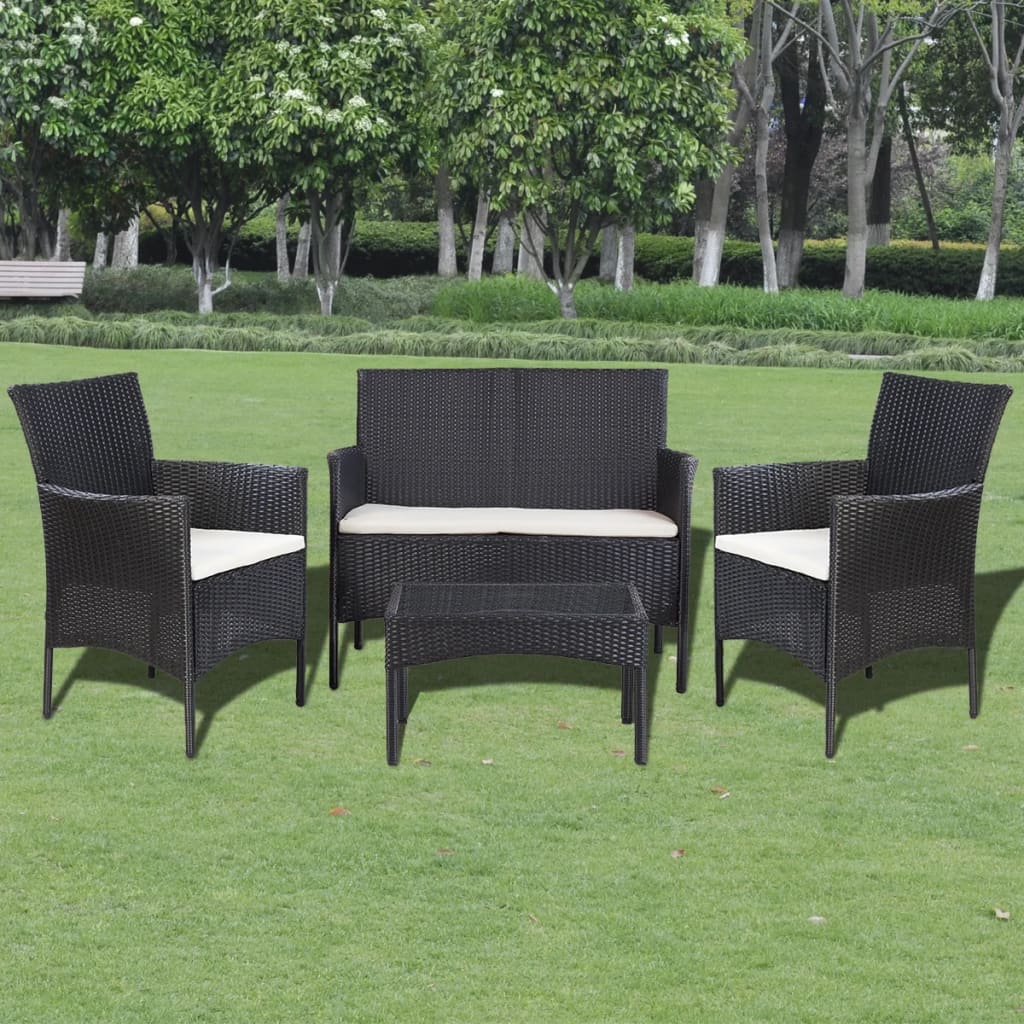 4-részes fekete polyrattan kerti bútorszett párnákkal