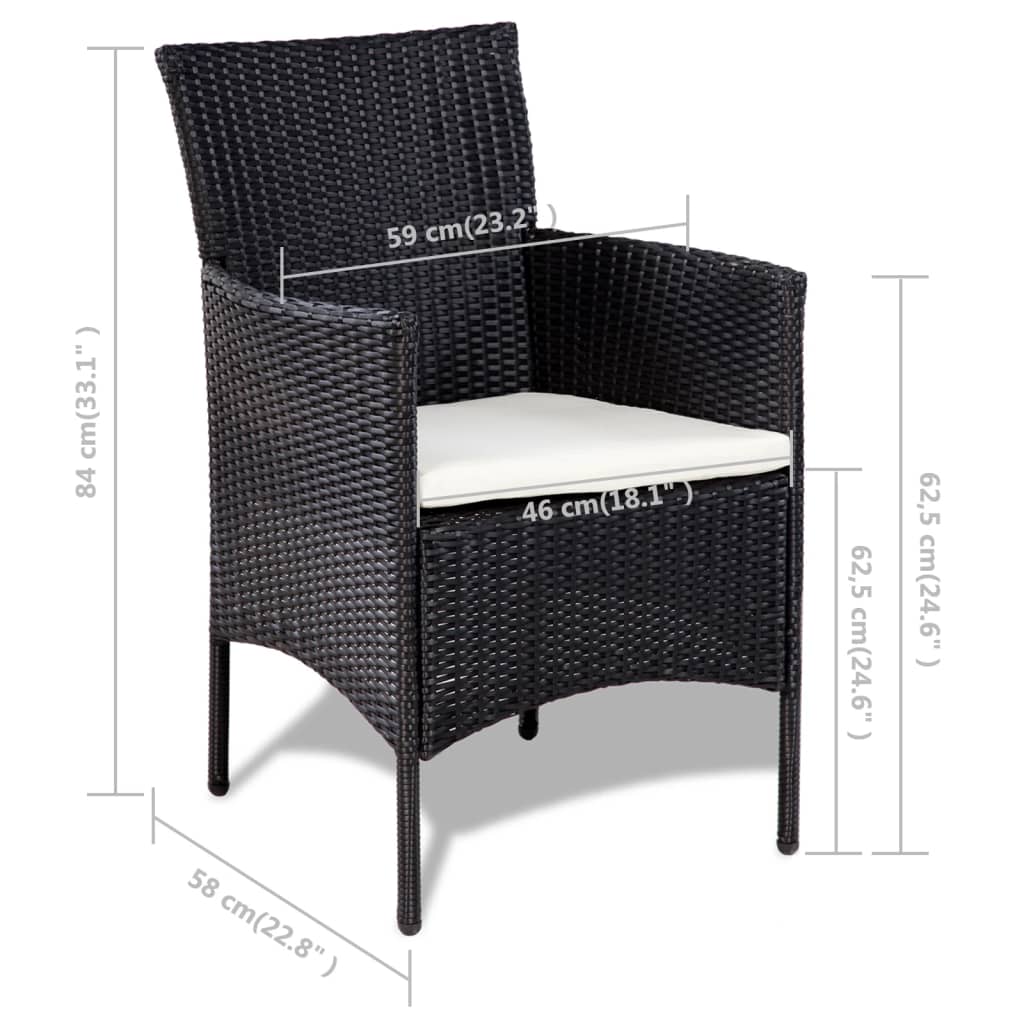 4-részes fekete polyrattan kerti bútorszett párnákkal