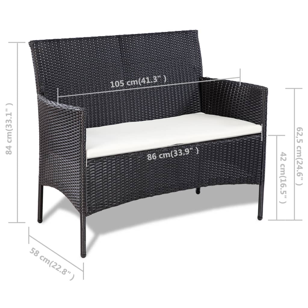 4-részes fekete polyrattan kerti bútorszett párnákkal