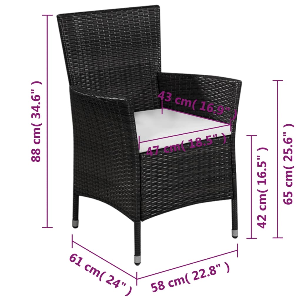 3 darabos fekete polyrattan bisztrószett