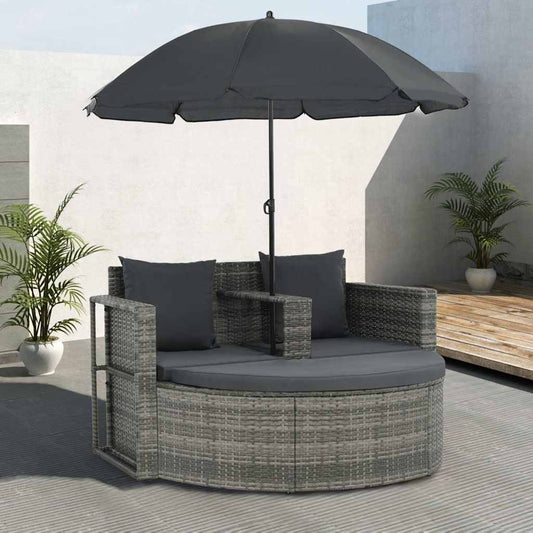 szürke 2 személyes polyrattan kerti kanapé párnákkal/ernyővel