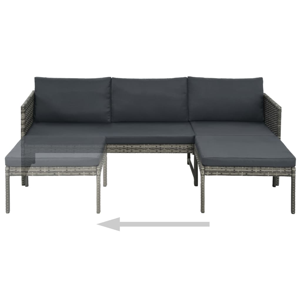 3-részes szürke polyrattan kerti bútorszett párnákkal