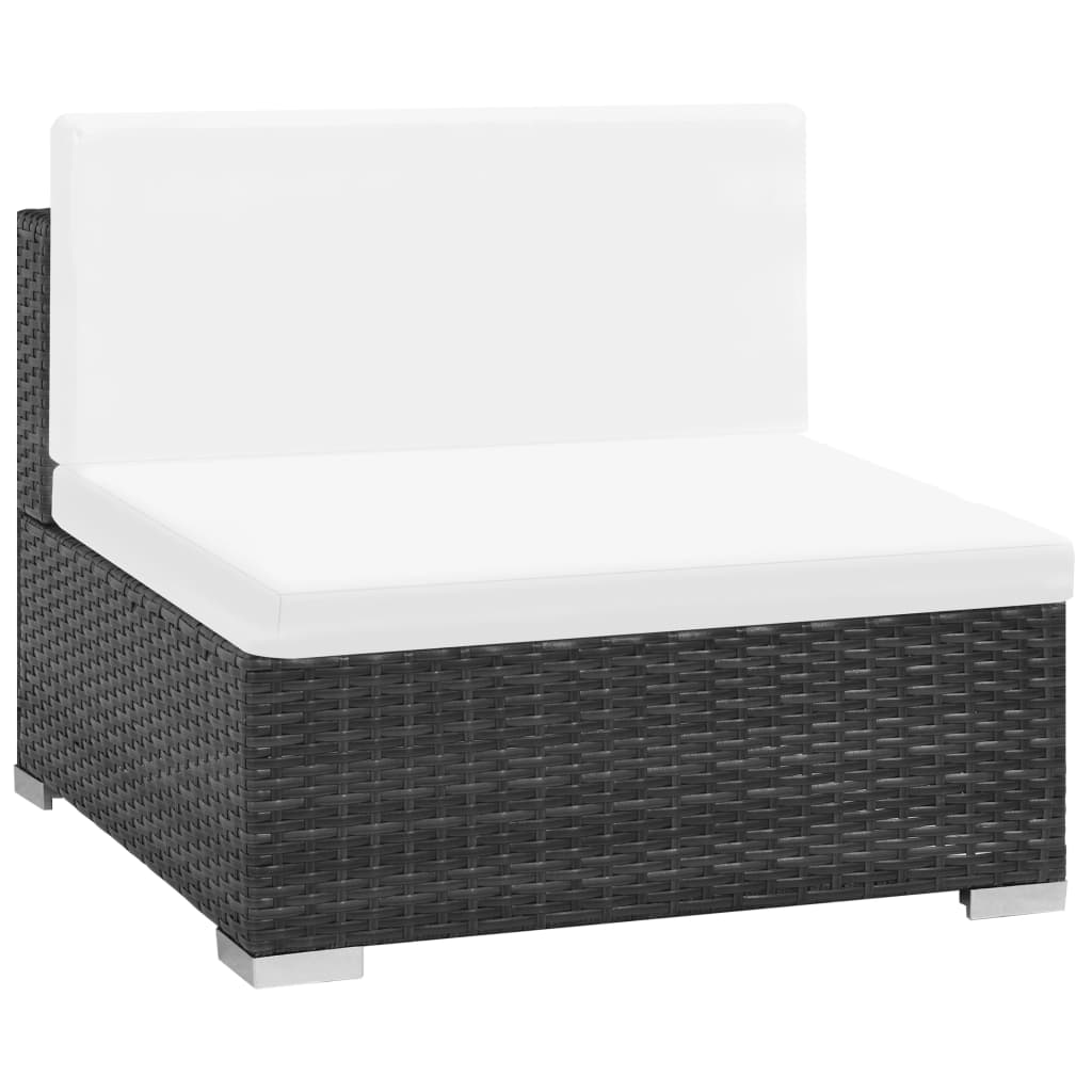 7-részes fekete polyrattan kerti bútorszett párnákkal