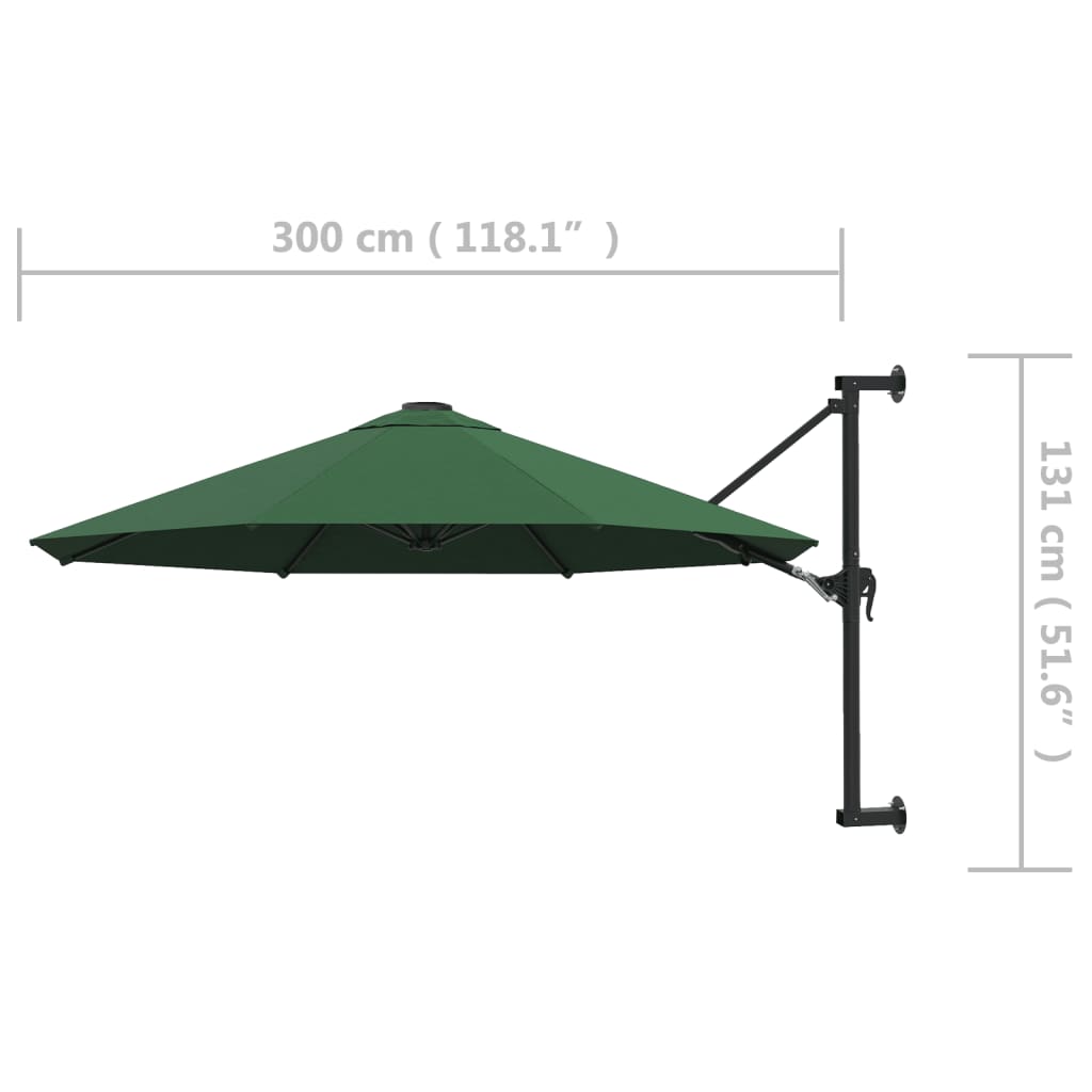 zöld falra szerelhető napernyő fémrúddal 300 cm