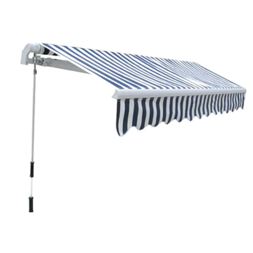 kézi működtetésű összecsukható napellenző, kék-fehér, 300 cm