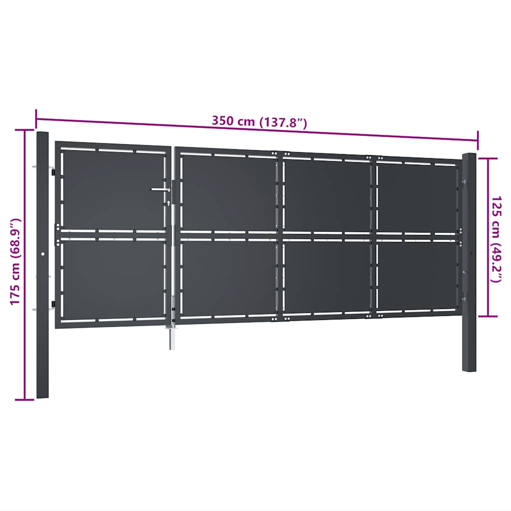 antracit színű acél kerti kapu 350 x 125 cm