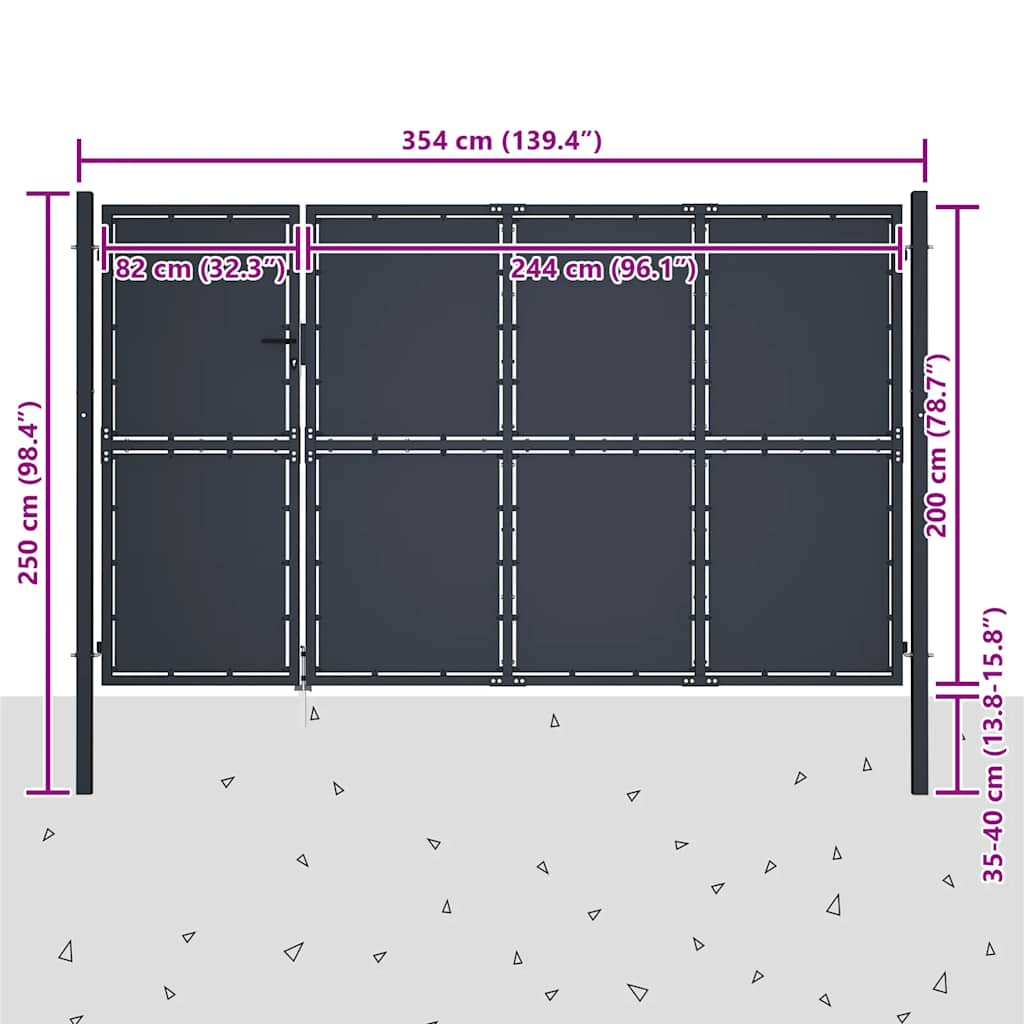 antracit színű acél kerti kapu 350 x 200 cm