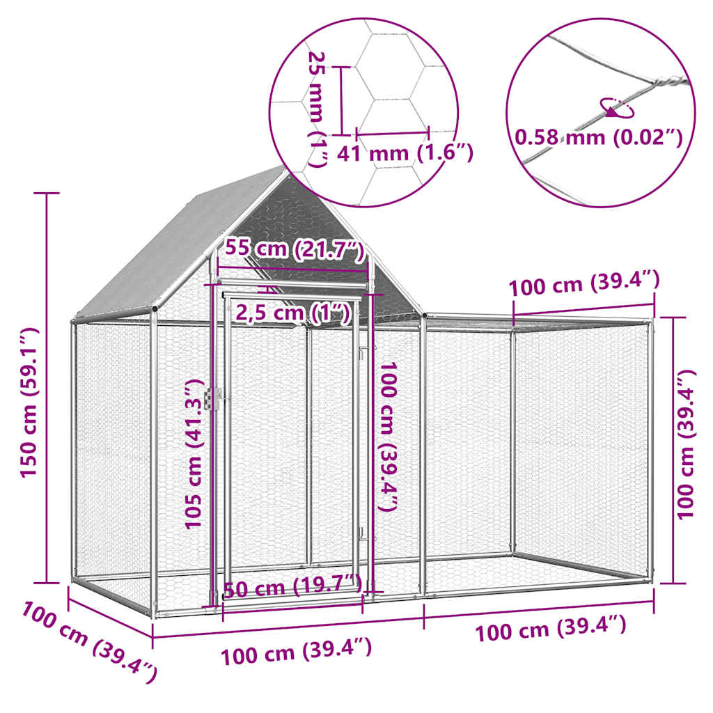 horganyzott acél tyúkól 2 x 1 x 1,5 m