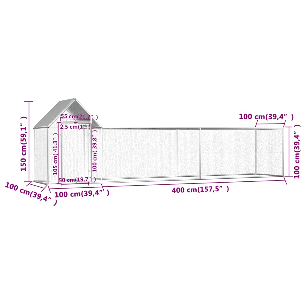 horganyzott acél tyúkól 5 x 1 x 1,5 m