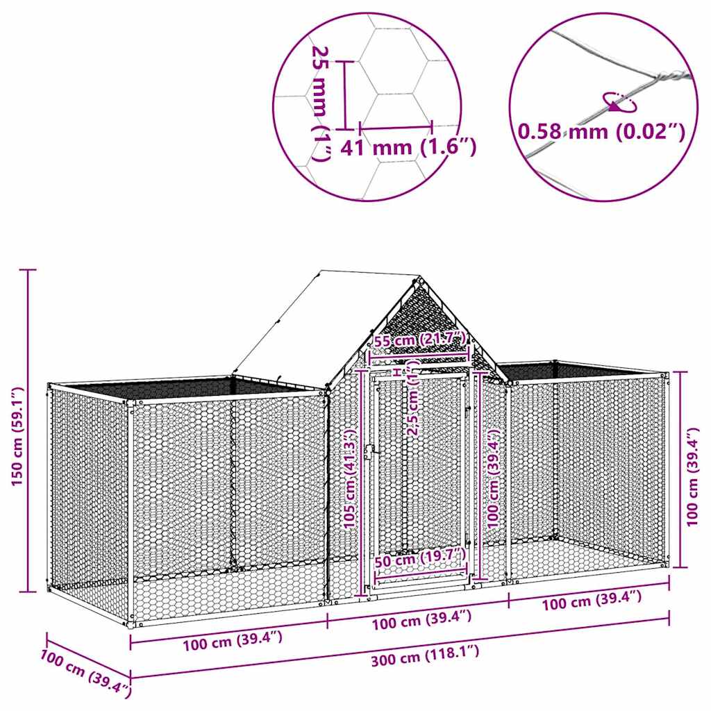 horganyzott acél tyúkól 3 x 1 x 1,5 m