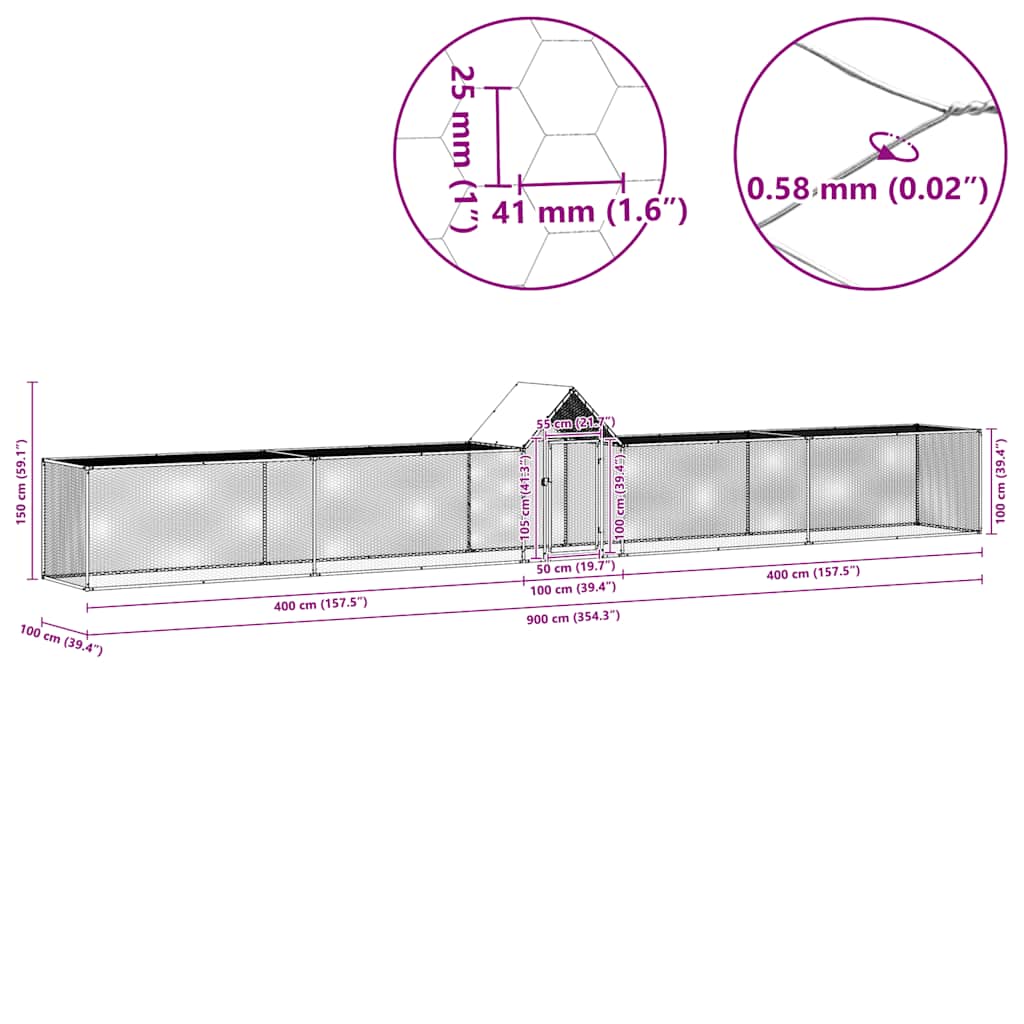horganyzott acél tyúkól 9 x 1 x 1,5 m