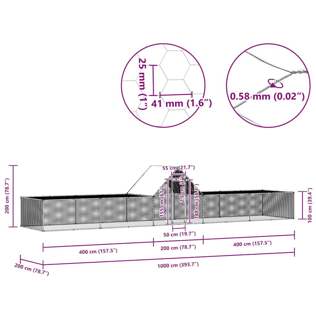 horganyzott acél tyúkól 10 x 2 x 2 m