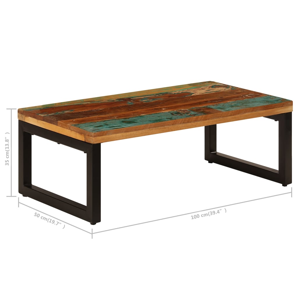 tömör újrahasznosított fa és acél dohányzóasztal 100x50x35 cm