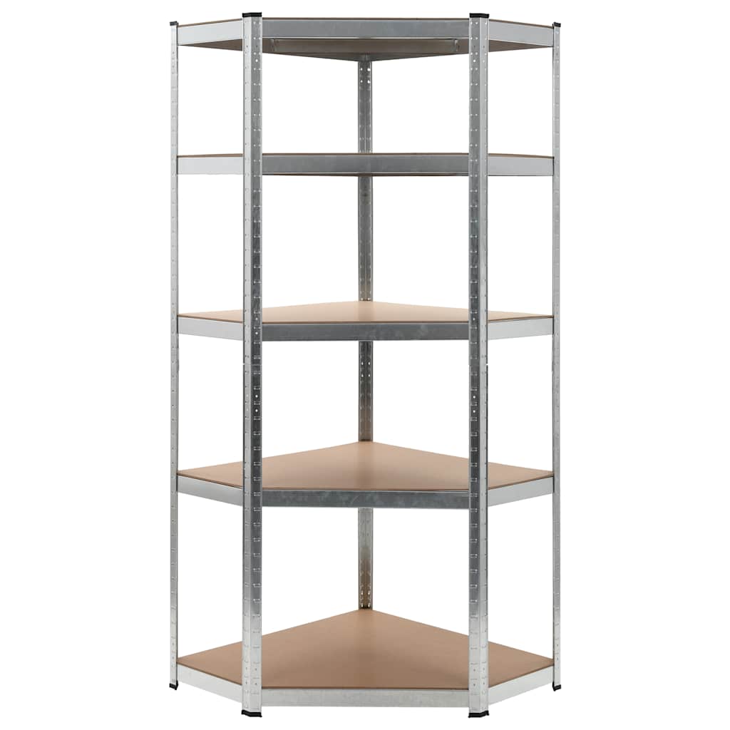 5 szintes ezüstszínű acél és szerelt fa sarokpolc