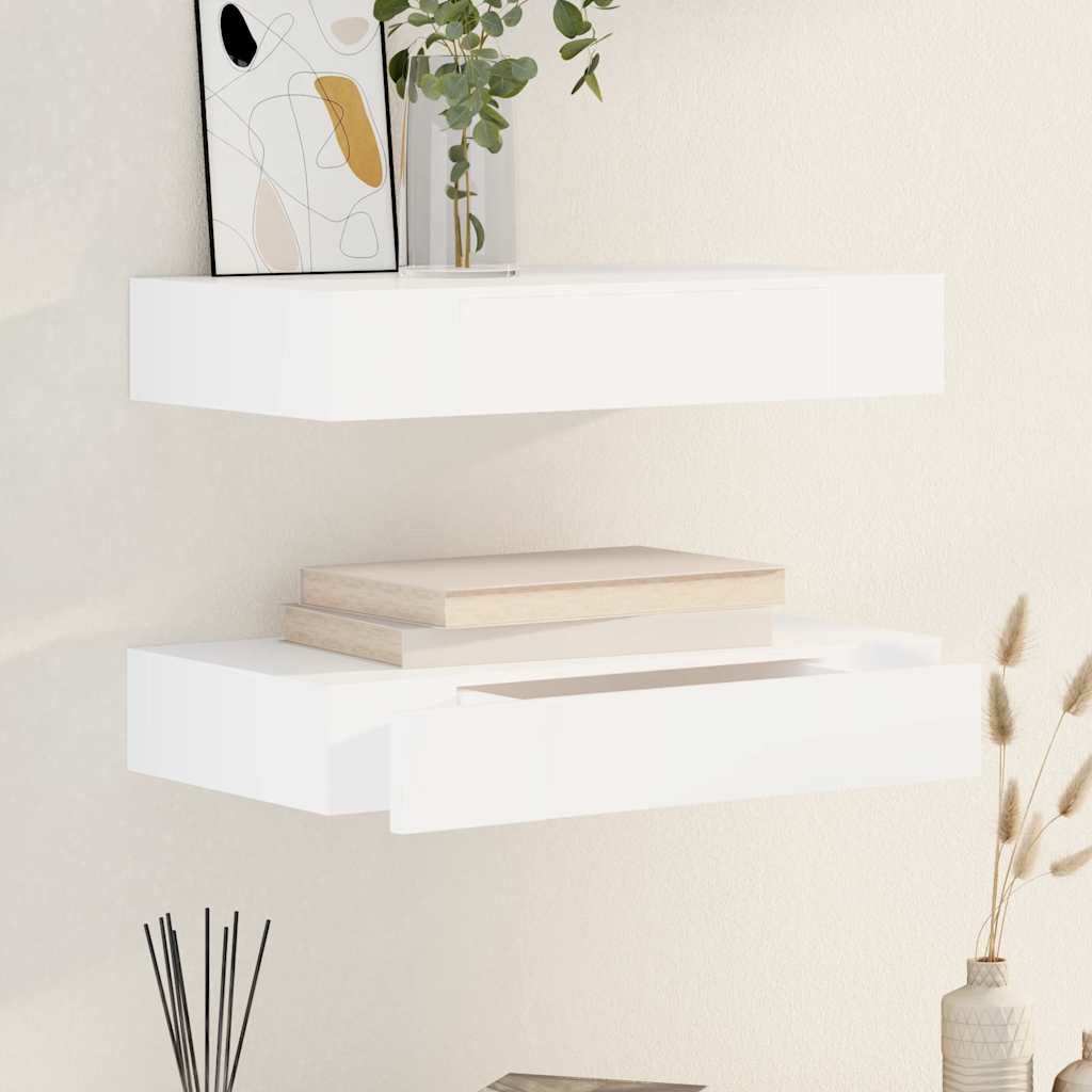 2 db fehér lebegő fali polc fiókkal 48 cm