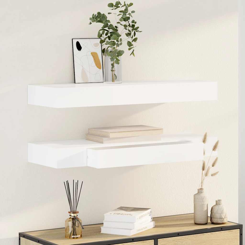 2 db fehér lebegő fali polc fiókkal 80 cm