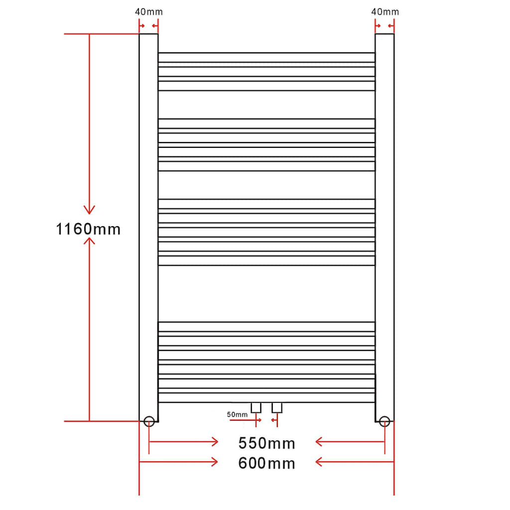 Fürdőszobai törölközőszárító radiátor központi fűtéssel oldalsó és középső csatlakozóval ívelt 600 x 1160 mm