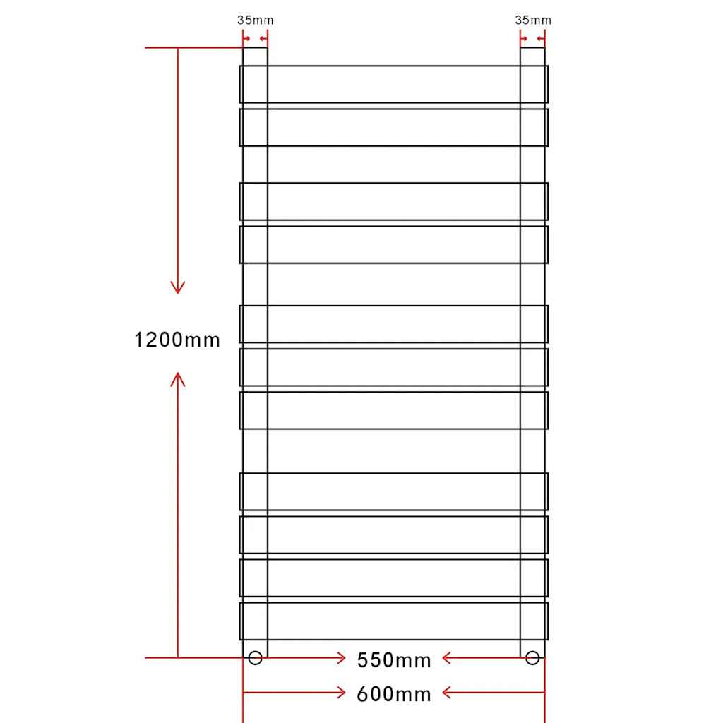 Fürdőszobai egyenes törölközőradiátor központi fűtéssel 600 x 1200 mm