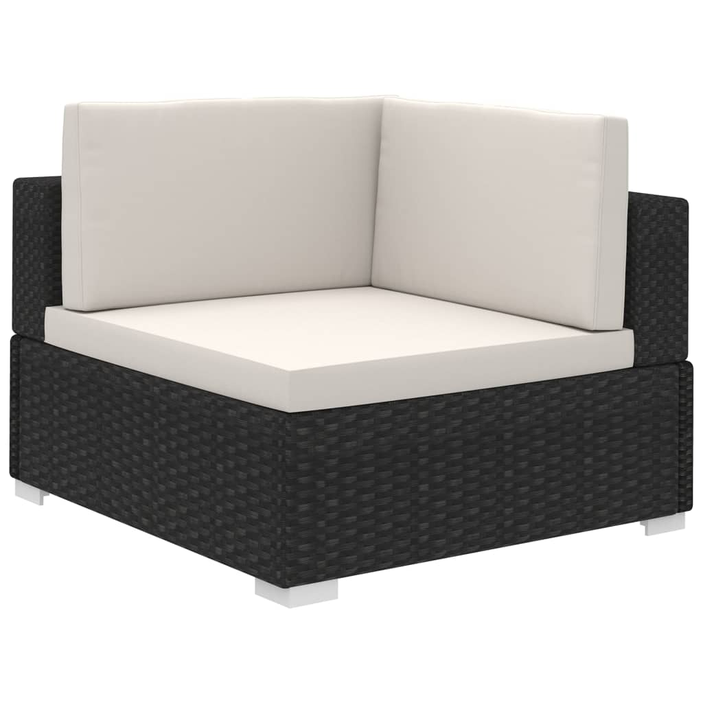 6-részes fekete polyrattan kerti bútorszett párnákkal