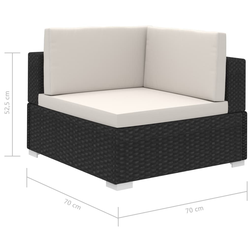 12-részes fekete polyrattan kerti bútorszett párnákkal