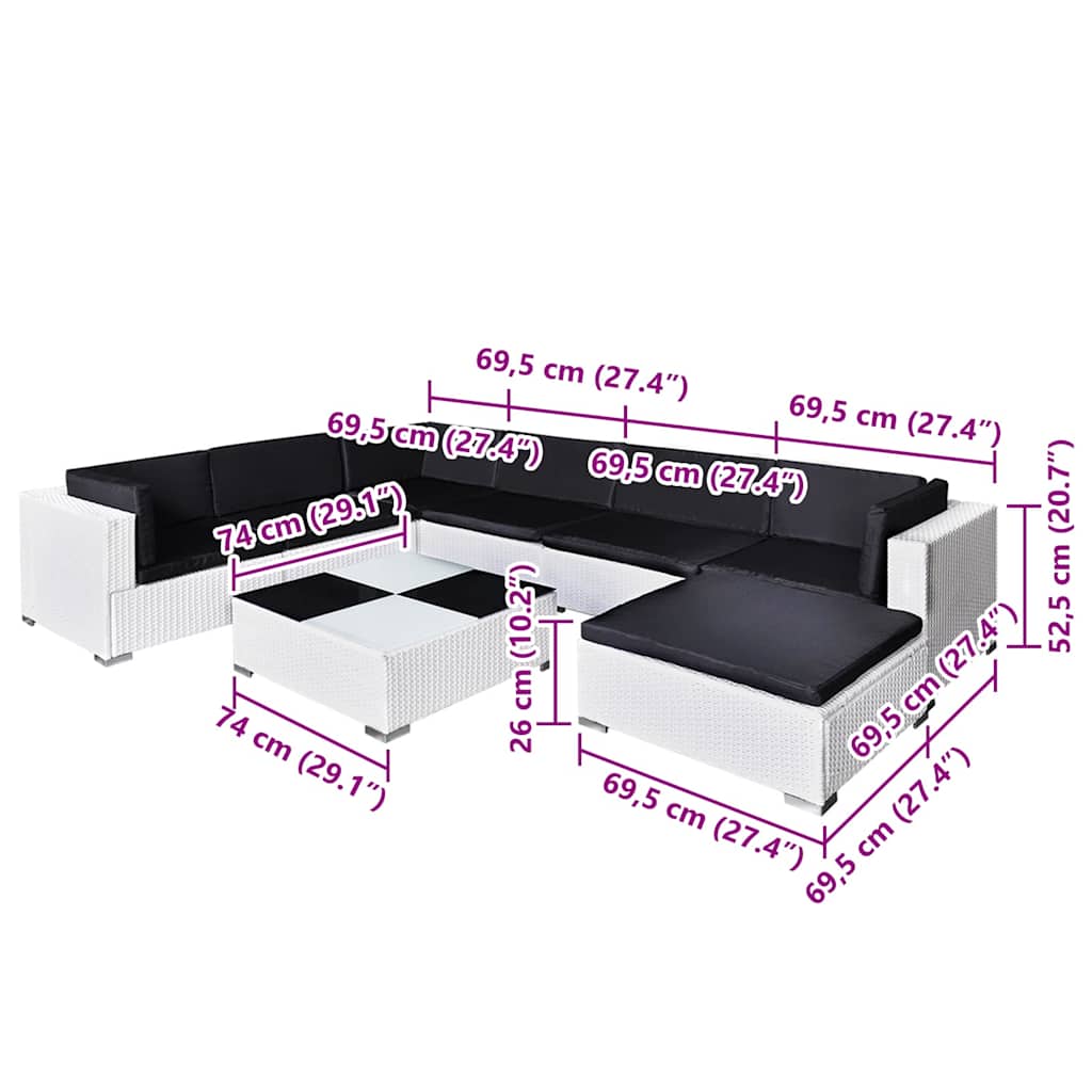 8-részes fehér polyrattan kerti bútorszett párnákkal