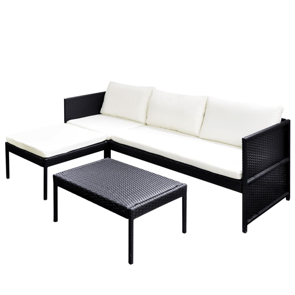 3 részes fekete polyrattan kerti bútorszett párnákkal